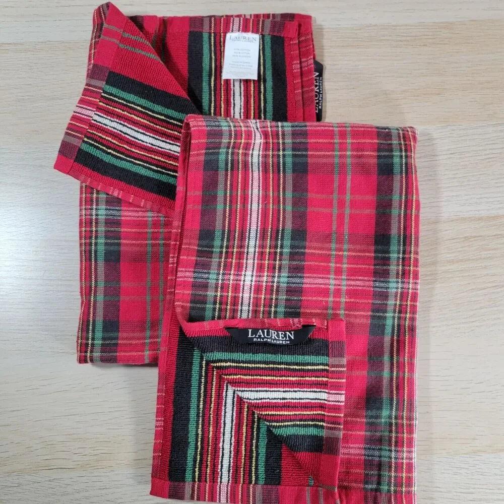 Vtg Ralph Lauren Hand Towels Lot Red Green Plaid Stripe Cotton Tartan Kitchen